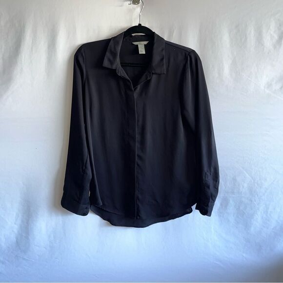 Women's H&M Black Semi Sheer Long Sleeve Button Down Shirt - Picture 2 of 8